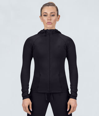 Born Tough Contoured Black Adjustable Sleeve Loops Athletic Tracksuit Hoodie for Women