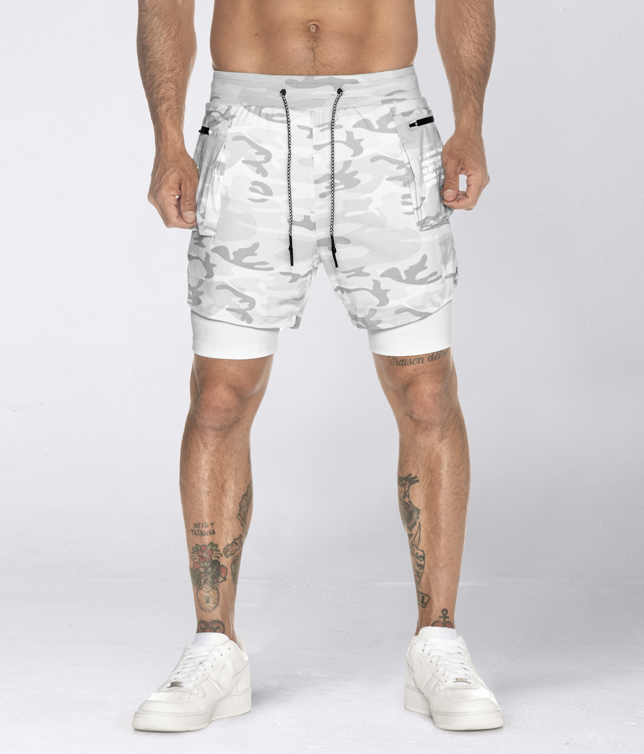 Born Tough Air Men's 2 in White Camo 5" Cargo Gym Workout Shorts Liner Pocket