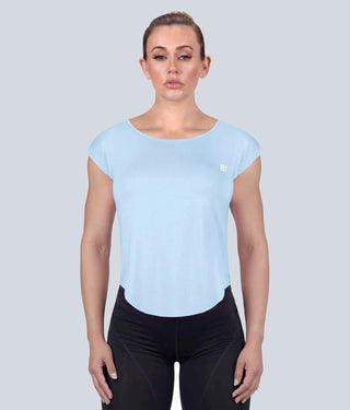 Born Tough Capped Sheer Flexible Fabric Blue Sleeveless Bodybuilding Shirt for Women