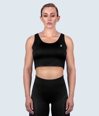 Born Tough Core Black Flexible Fabric Sheer Crop Gym Workout Top for Women