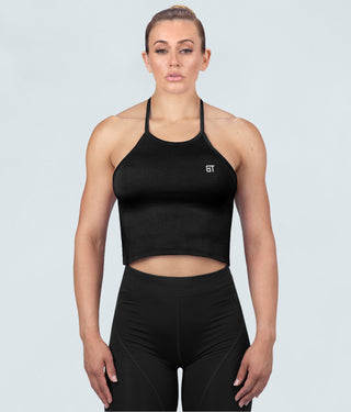 Born Tough Core Flexible Fabric Black Sheer Halter Gym Workout Top for Women