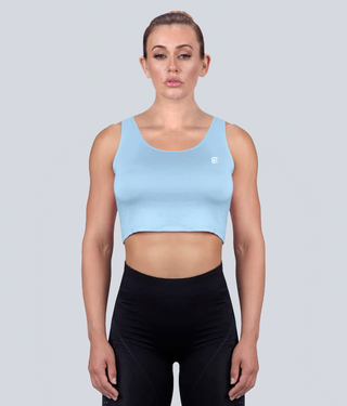Born Tough Core Blue Flexible Fabric Sheer Crop Running Top for Women