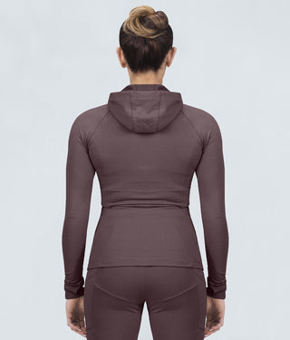 Born Tough Contoured Ash Brown Zippered Closure Sleeve Loops Gym Workout Tracksuit Hoodie for Women