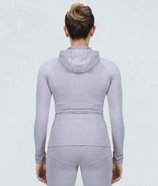 Born Tough Contoured Gray Zippered Closure Sleeve Loops Gym Workout Tracksuit Hoodie for Women