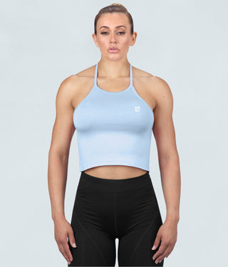 Born Tough Core Flexible Fabric Blue Sheer Halter Gym Workout Top for Women