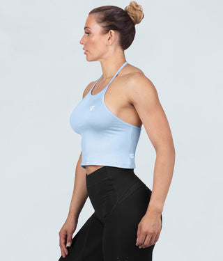 Born Tough Core Extended Scallop Hem Blue Sheer Halter Athletic Top for Women