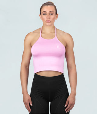 Born Tough Core Flexible Fabric Pink Sheer Halter Gym Workout Top for Women