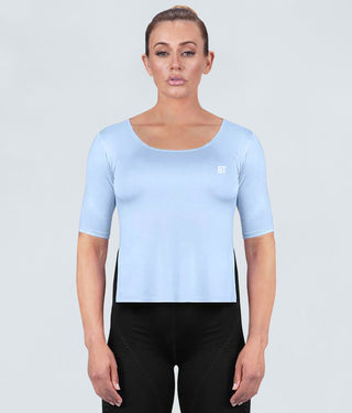 Born Tough True Form Sheer Flexible Fabric Blue Short Sleeve Gym Workout Shirt for Women
