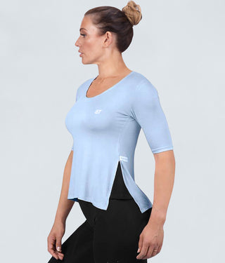 Born Tough True Form Sheer Extended Front & Back Hem Blue Short Sleeve Gym Workout Shirt for Women