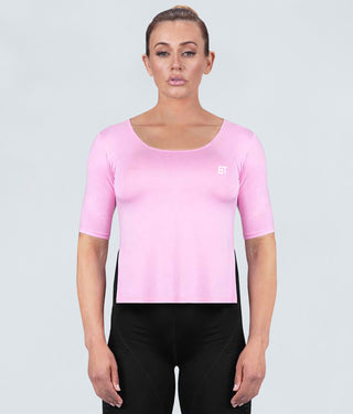 Born Tough True Form Sheer Flexible Fabric Pink Short Sleeve Bodybuilding Shirt for Women