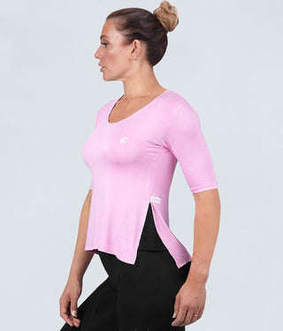Born Tough True Form Sheer Extended Front & Back Hem Pink Short Sleeve Bodybuilding Shirt for Women