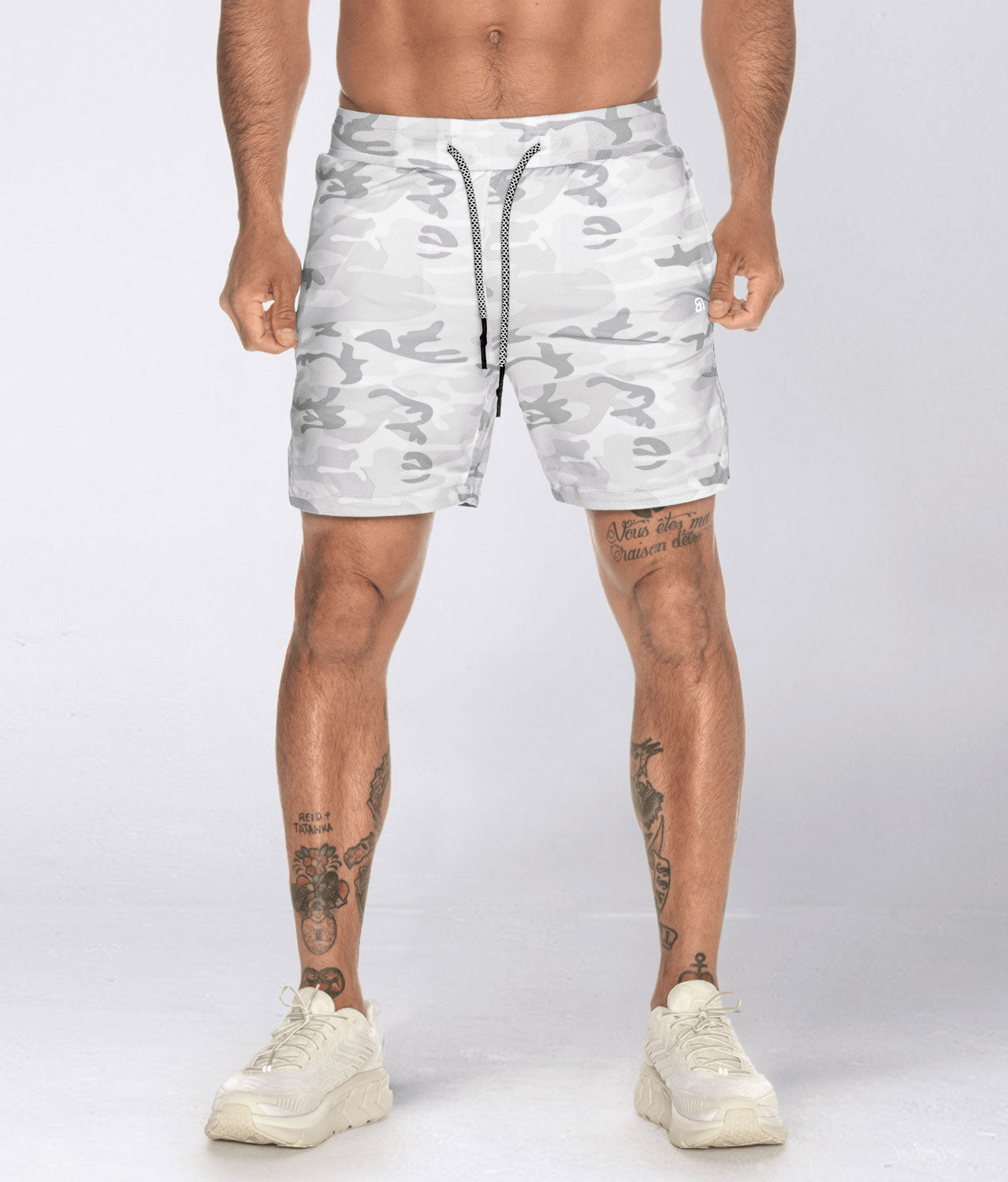 Born Tough Air Pro Men's White Camo 7 Gym Workout Shorts With