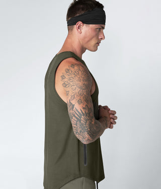 Born Tough Zippered Military Green Extended Scallop Hems Gym Workout Tank Top for Men
