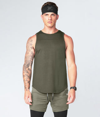 Born Tough Core Fit Extended Front & Back Hems Military Green Athletic Tank Top for Men