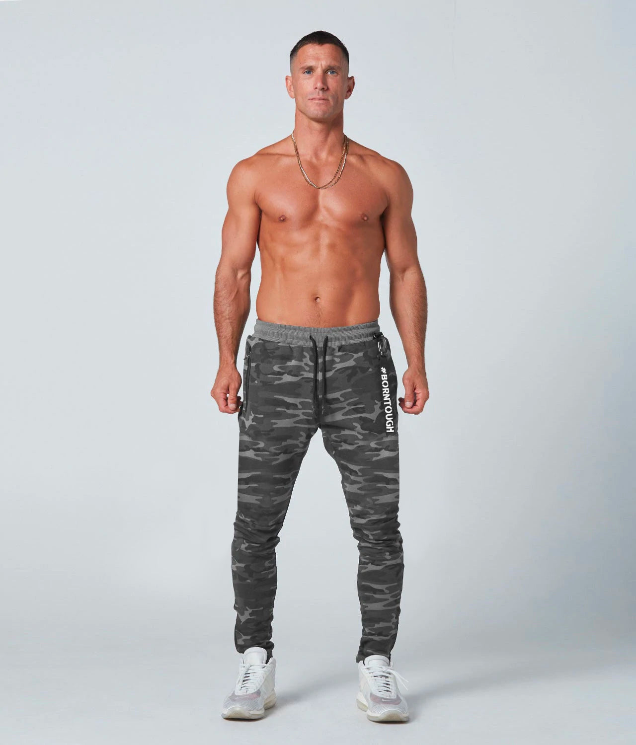 Born Tough Core Fit Zippered Grey Camo Bodybuilding Jogger Pants