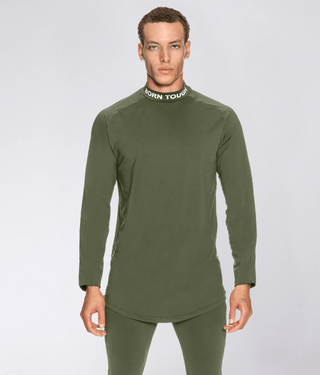 Born Tough Mock Neck Long Sleeve Base Layer Running Shirt For Men Military Green