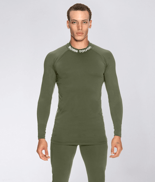 Born Tough Mock Neck Long Sleeve Compression Athletic Shirt For Men Military Green