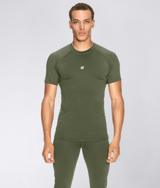 Born Tough Mock Neck Short Sleeve Compression Bodybuilding Shirt For Men Military Green