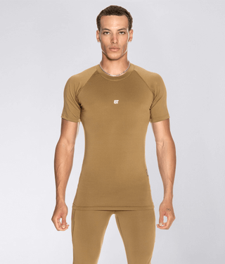 Born Tough Mock Neck Short Sleeve Compression Running Shirt For Men Khaki