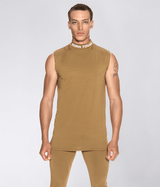 Born Tough Mock Neck Sleeveless Base Layer Crossfit Shirt For Men Khaki